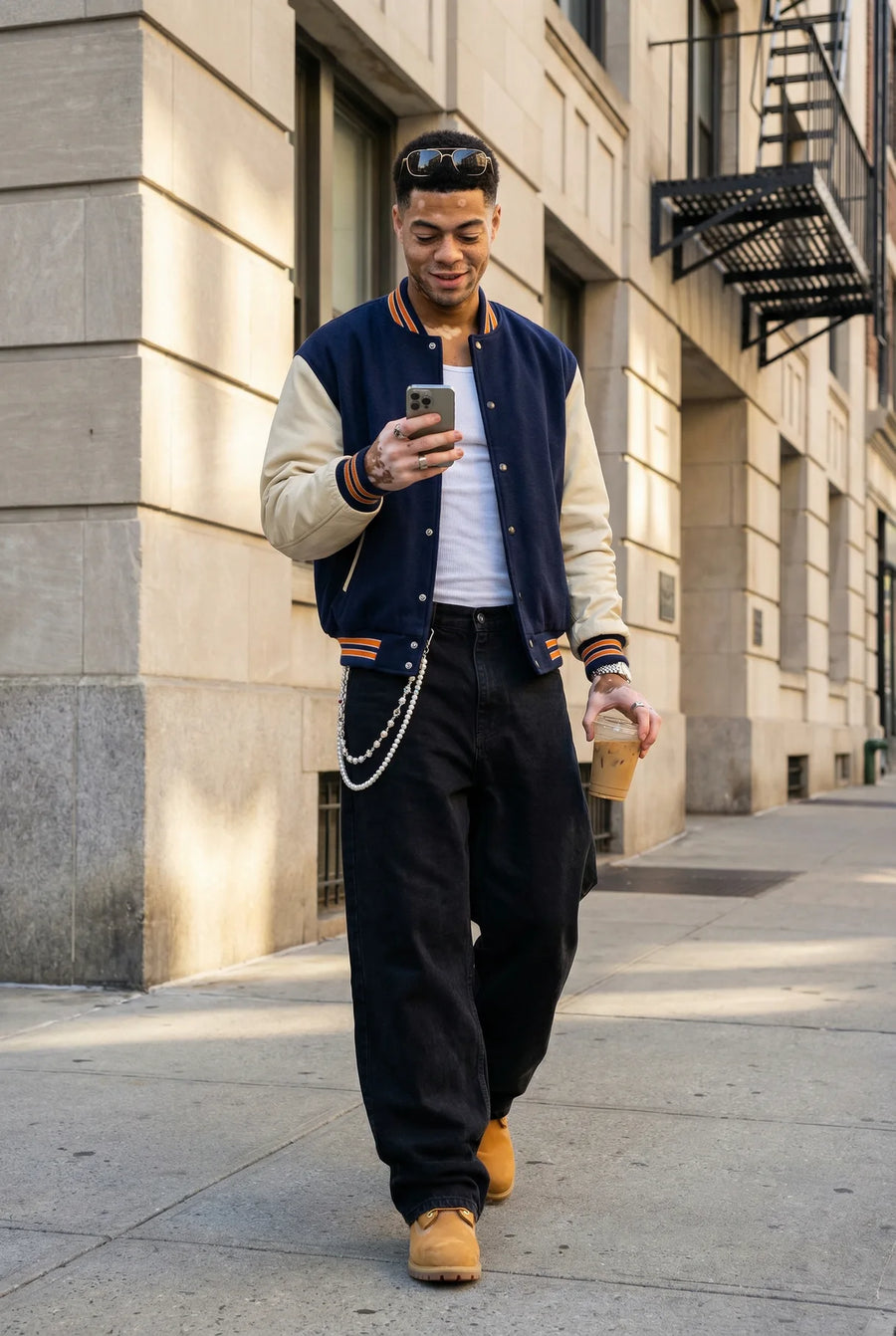 Crystal Grace Wallet Chain von 304supply im urbanen Streetwear-Setting getragen