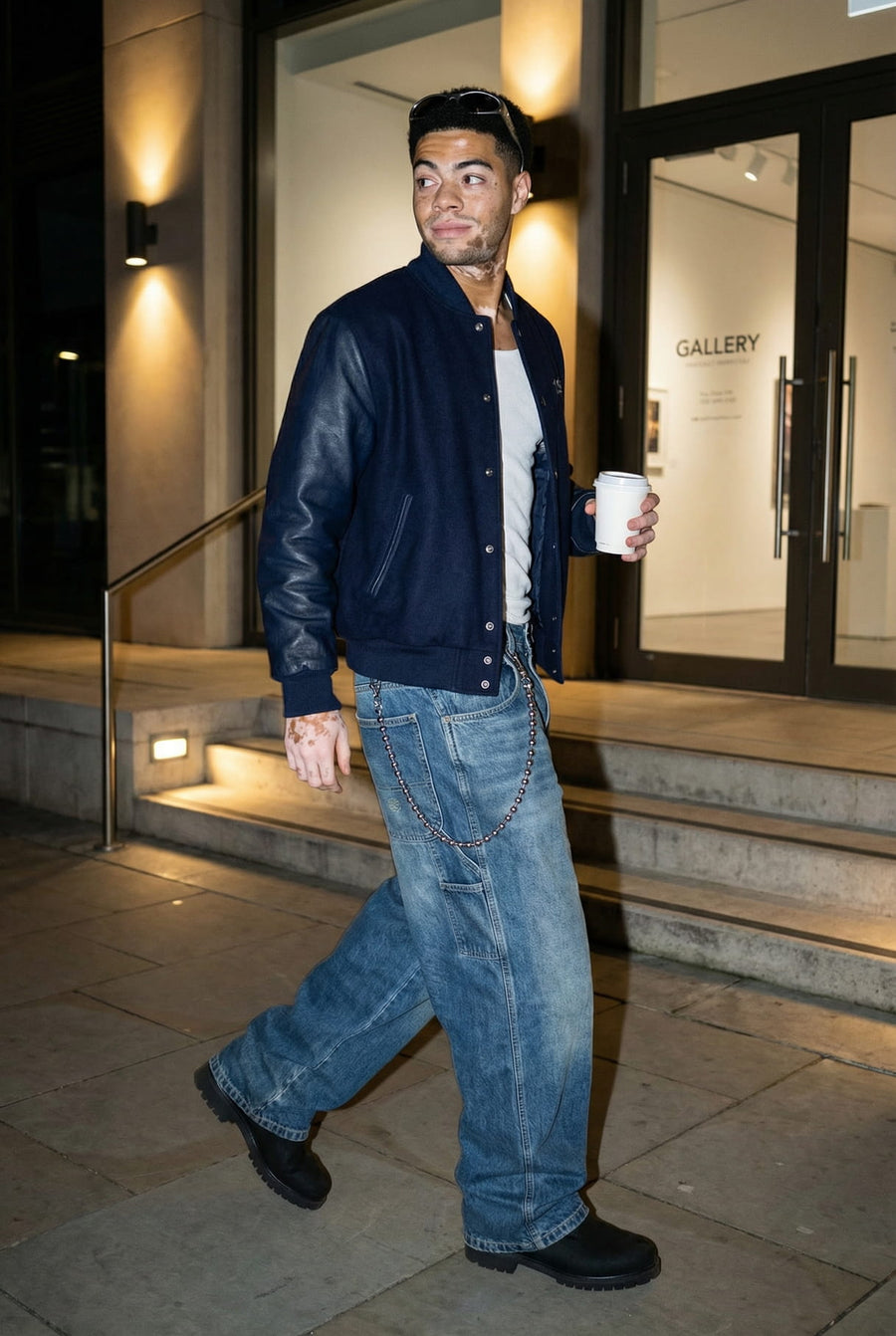 304supply Line 47 Hosenkette im Lifestyle-Look zu washed Denim getragen