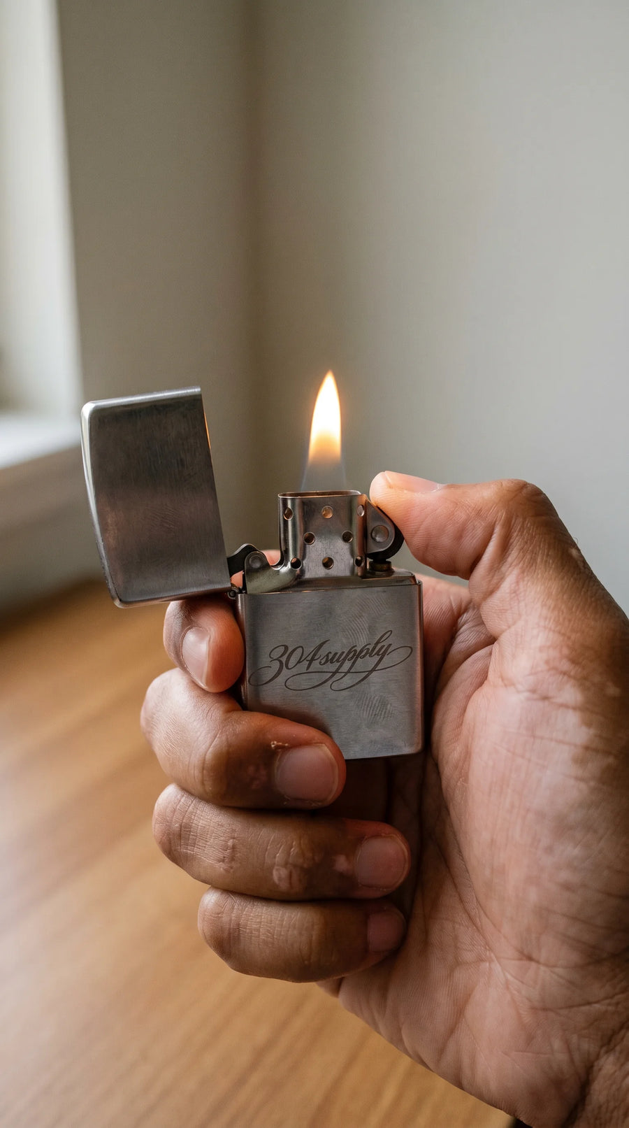 Hand hält das 304 Lighter mit Flamme im Streetwear-Look